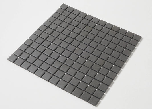 Marlowe Black Matt Mosaic 23x23mm tile sheet shown as a flat lay pack shot, featuring uniform dark grey square mosaic tiles with a matte finish and fine grout lines.