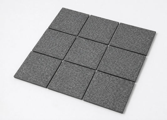 Pack shot of Marlowe Charcoal Speckled Matt Mosaic 97x97mm tiles arranged in a 3x3 grid, showing the dark grey speckled matt surface finish and square format.