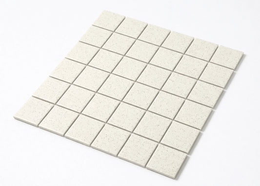 Pack shot of Marlowe Nordic Speckled Matt Mosaic 48x48mm showing a full sheet of cream speckled square mosaic tiles with a matt finish arranged in a uniform grid.