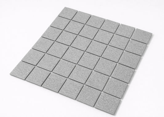 Pack shot of Marlowe Smoke Speckled Matt Mosaic 48x48mm tiles arranged in a square grid, showing grey speckled matt finish and uniform square format.