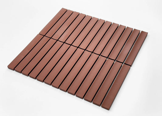 Pack shot of Marlowe Terracotta Concave Speckled Matt Rectangle 20x145mm tiles arranged in a flat-lay sheet showing warm brown matt finish and linear brick pattern.