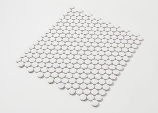 Marlowe White Matt Penny Round 19mm mosaic tile sheet displayed in a diamond orientation, showing small circular white matte ceramic tiles on a mesh backing.