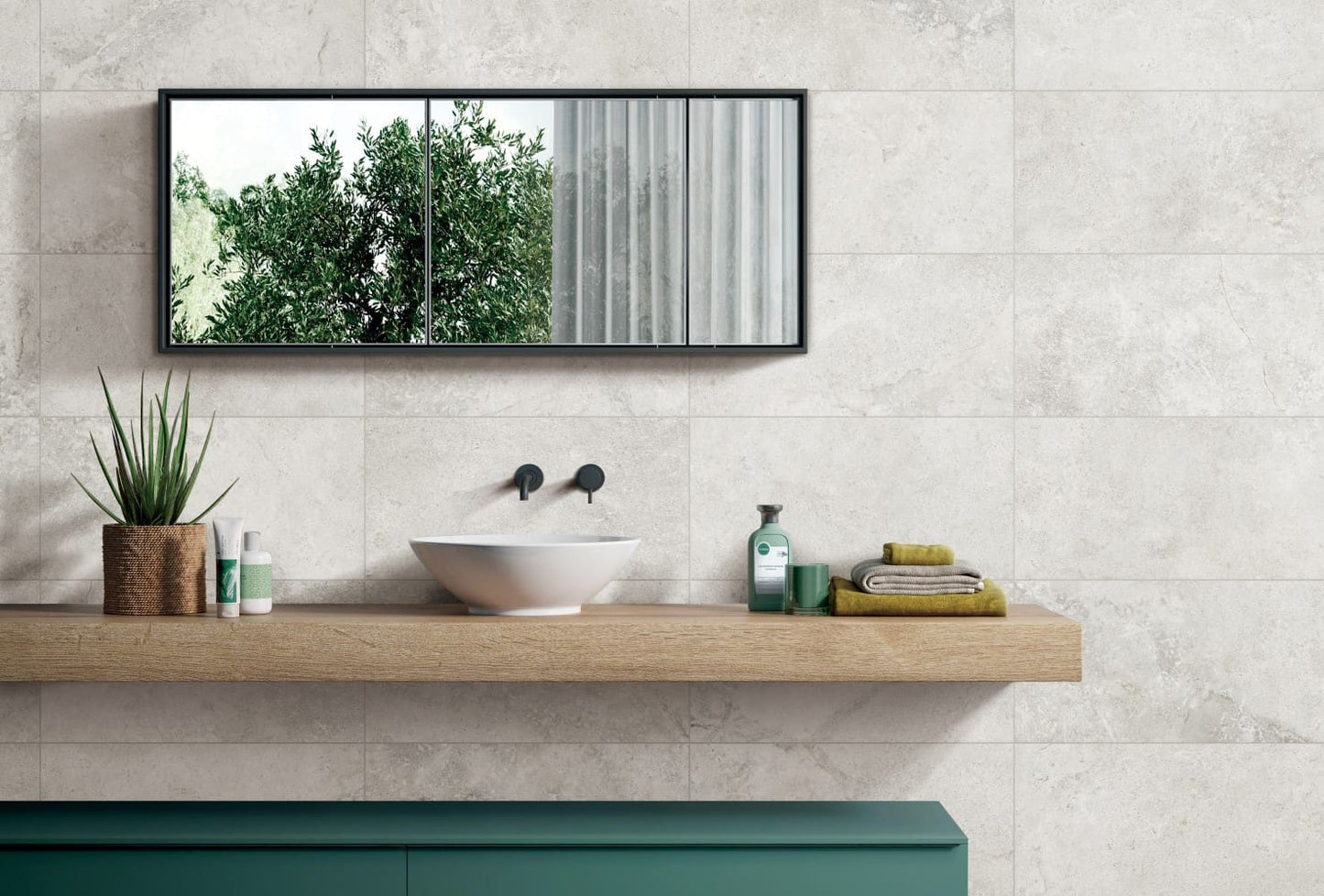 Mars Light External Pencil Bullnose 390.80x600x20mm tiles installed as a light grey stone-look bathroom wall behind a vessel sink on a timber floating vanity.
