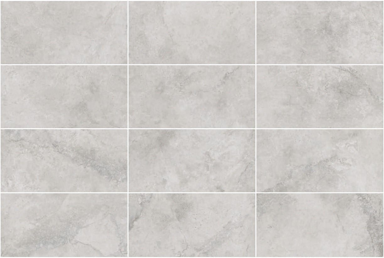 Mars Light External Pencil Bullnose 390.80x600x20mm tiles displayed in a 4x3 grid layout, showcasing a light grey marble-effect finish with subtle veining.