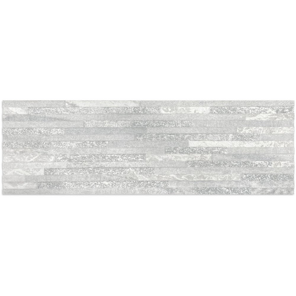Close-up pack shot of Maule Blanco Matt 170x520mm wall tile showing layered linear stone-effect pattern in soft grey and white tones.