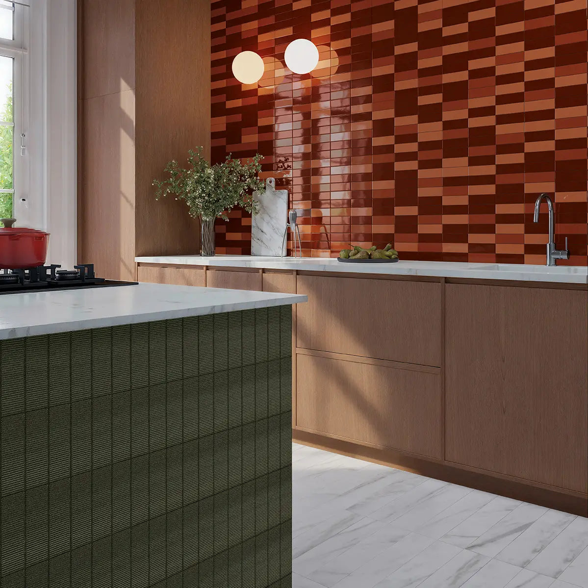 Micare Canale Saffron Dark Gloss 50x150mm tiles installed as a full-height kitchen splashback in warm terracotta tones, paired with timber cabinetry and a marble island bench.