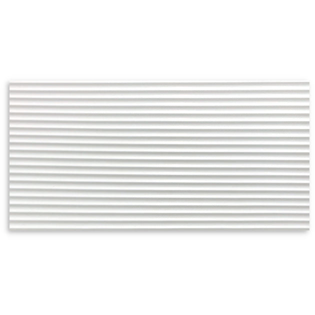Flat lay pack shot of Micro Flute Matt White 300x600mm wall tile showing horizontal ribbed texture and smooth matte white finish.