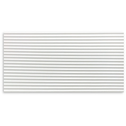 Flat lay pack shot of Micro Flute Matt White 300x600mm wall tile showing horizontal ribbed texture and smooth matte white finish.