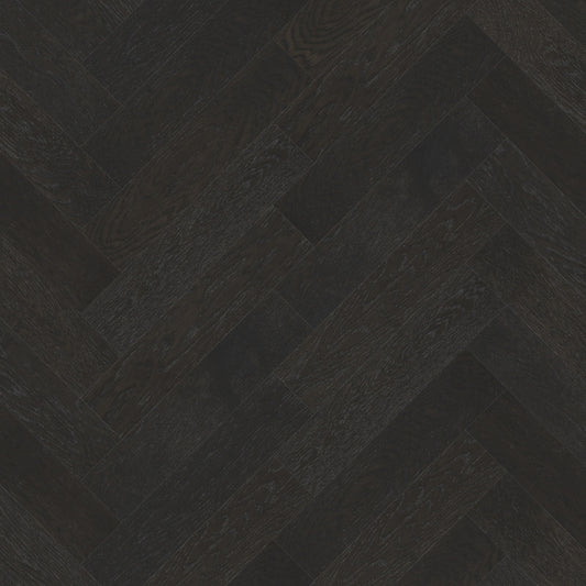 Close-up texture shot of Midnight Grey iDesign Herringbone Flooring 15/3mm showing a dark charcoal wood grain in a classic diagonal herringbone pattern.