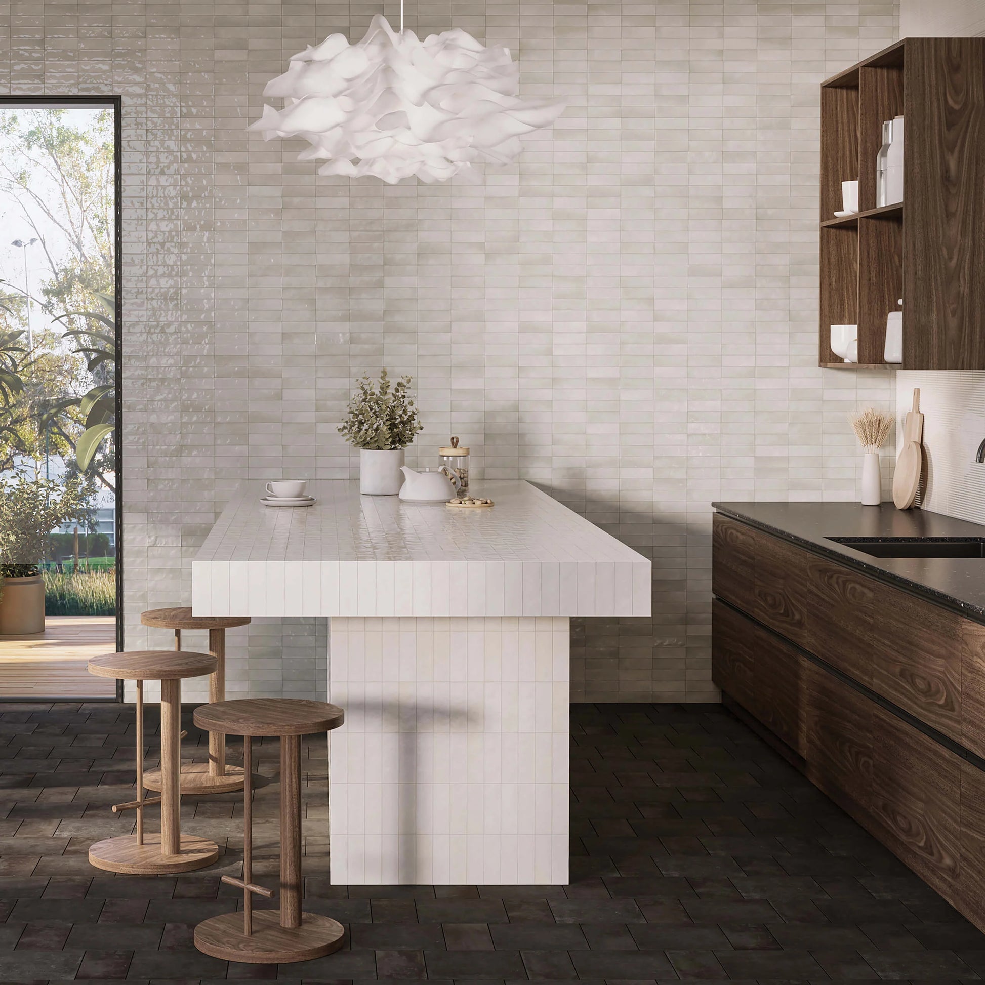 Mini Grey Glossy 50x150mm tiles covering a full kitchen wall and island, paired with dark wood cabinetry and a cloud-shaped pendant light.