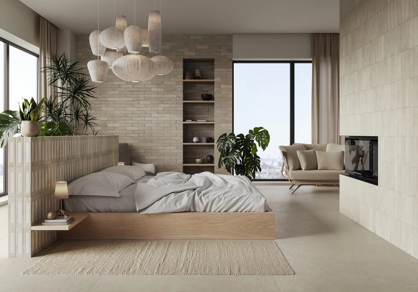 Miniature Fornace Argilla Natural 60x240mm tiles used as a textured brick-effect bedroom feature wall with pendant lights and indoor plants.