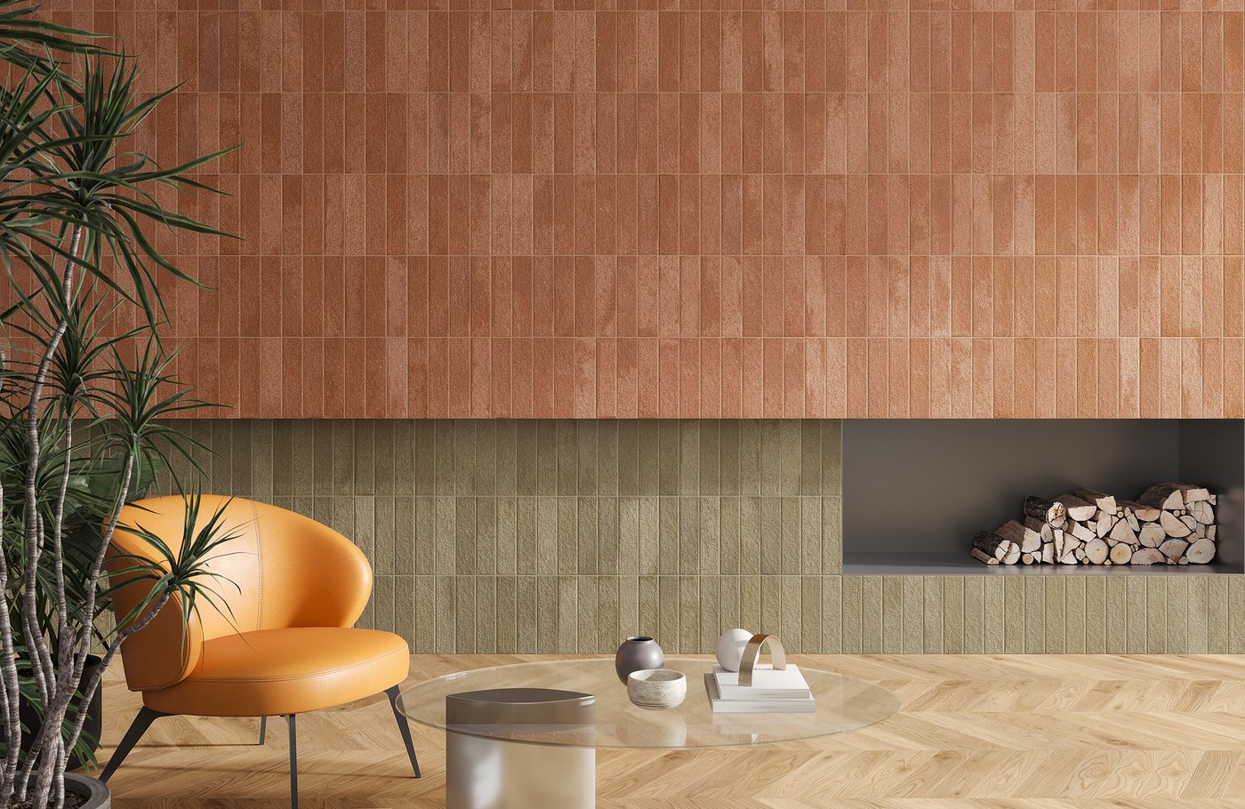 Miniature Fornace Verde Muschio 60x240mm sage green tiles covering the lower fireplace surround in a modern living room with an orange accent chair and herringbone timber floor.