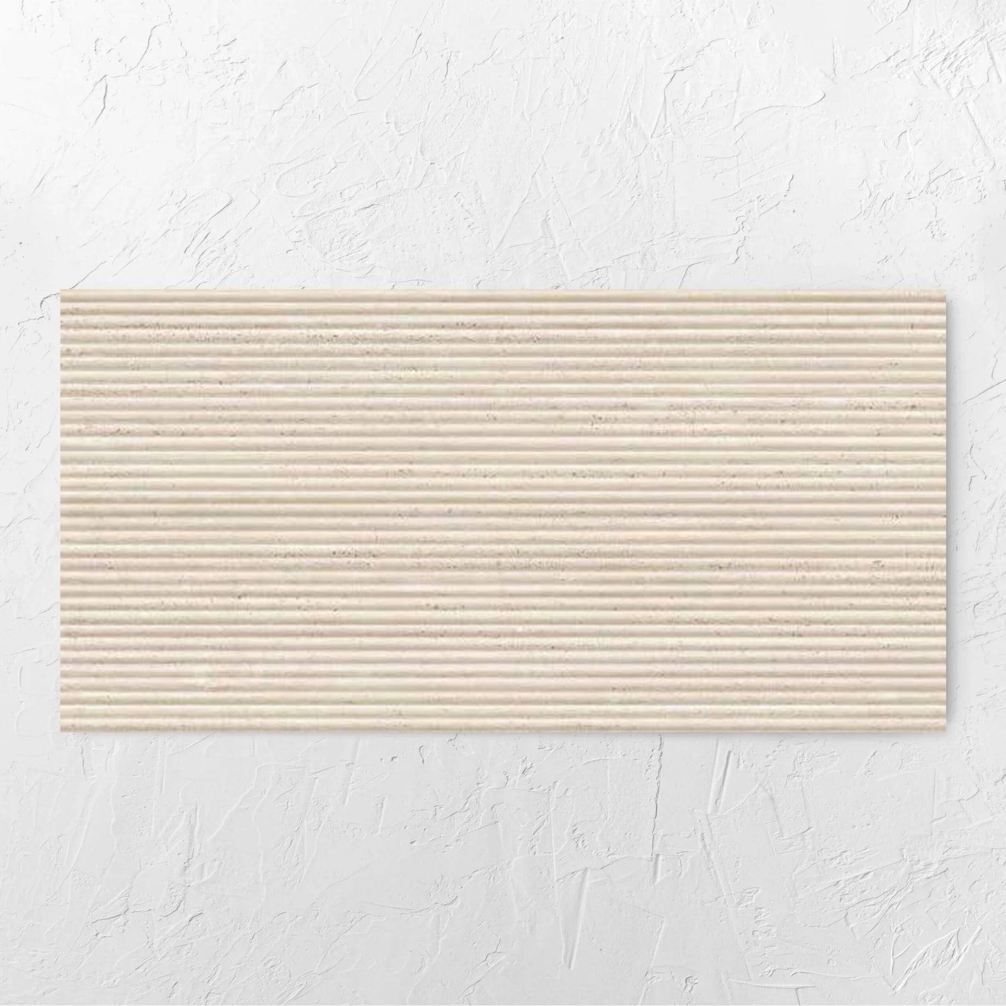 Tallow Bamboo Feature Travertine Look Ivory 600x1200mm tile laid flat on a white rendered wall, showing the tile surface