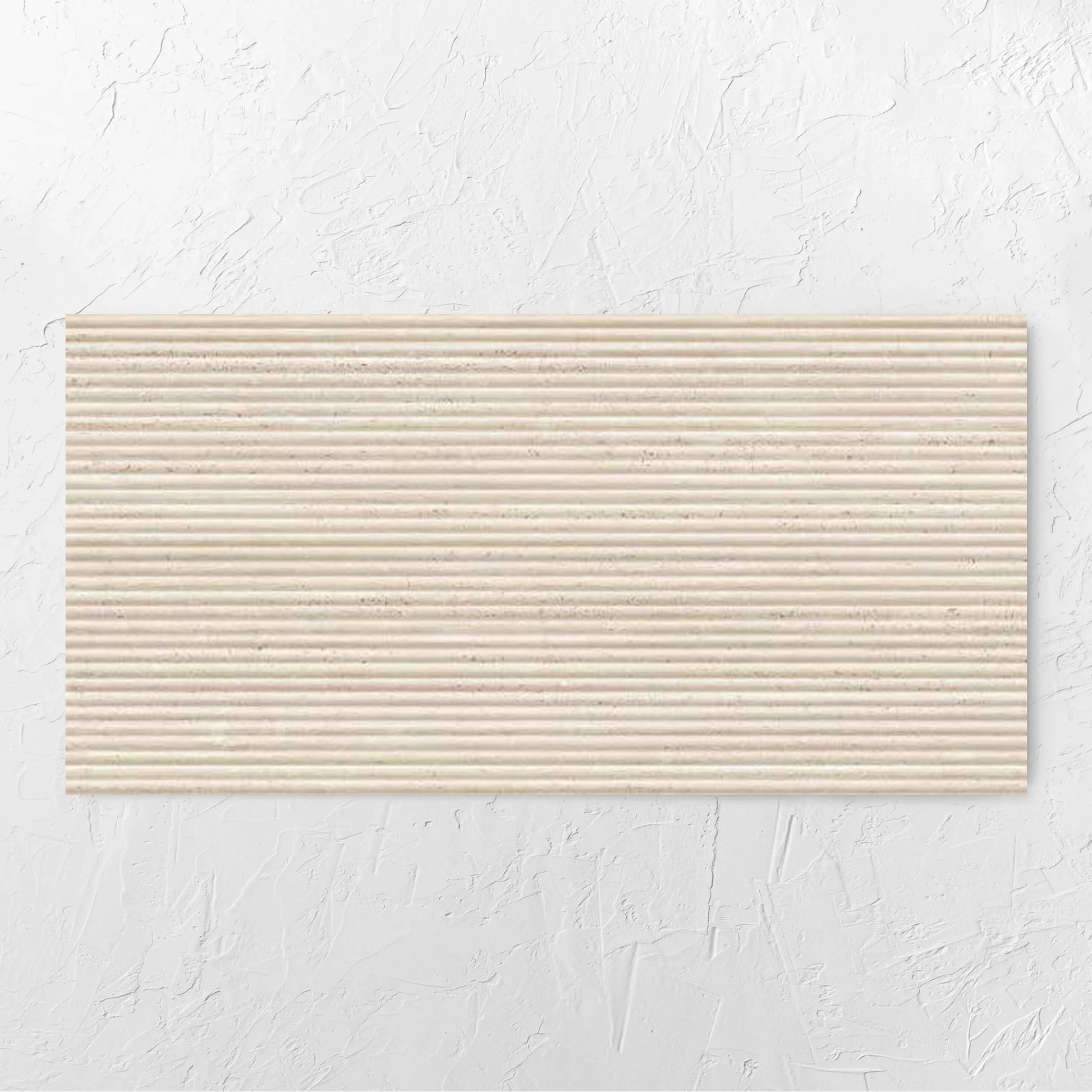 Tallow Bamboo Feature Travertine Look Ivory 600x1200mm tile laid flat on a white rendered wall, showing the tile surface