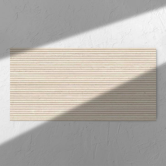 Tallow Bamboo Feature Travertine Look Ivory 600x1200mm tile in soft natural window light, showing the tile surface