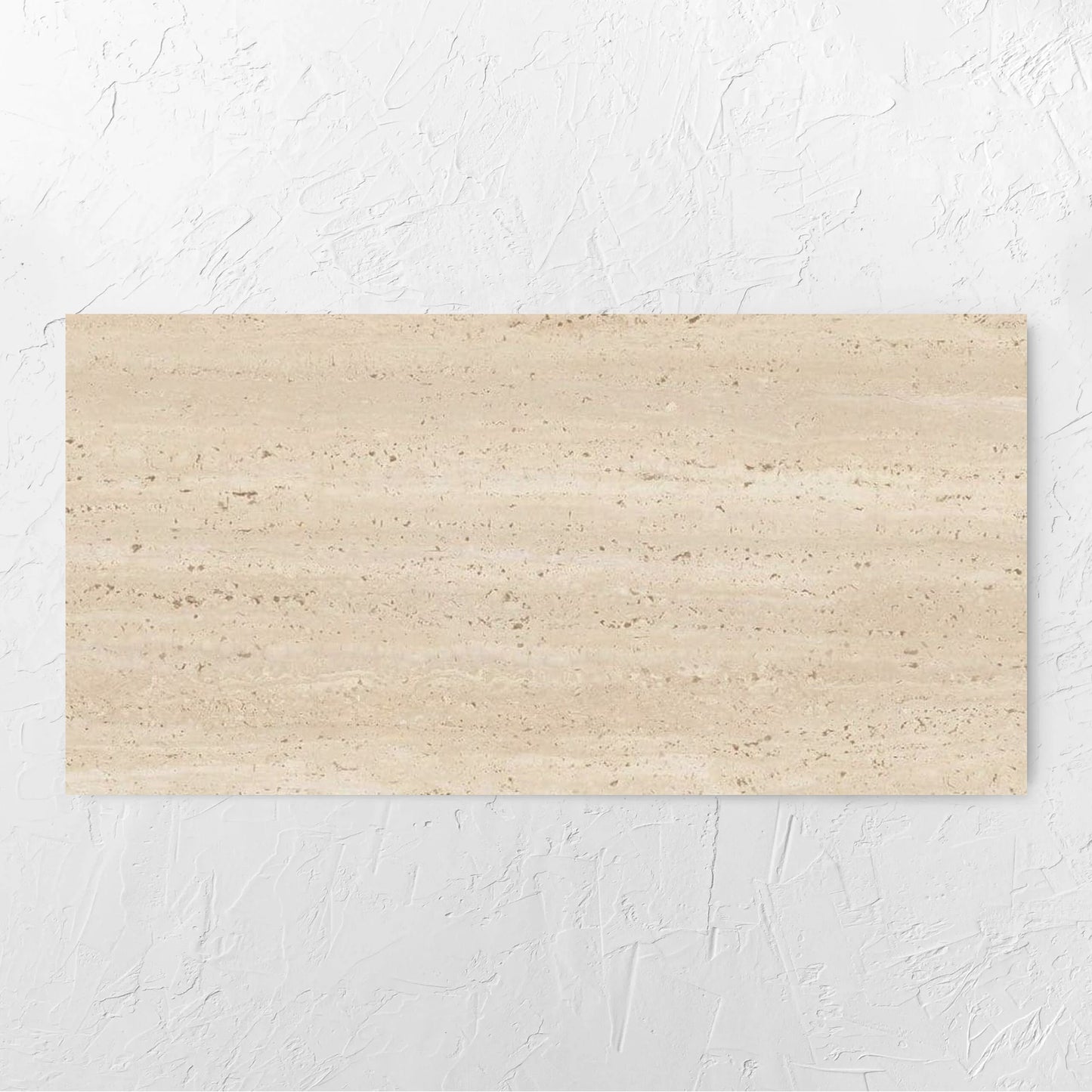 Tallow Vein Cut Travertine Look Beige 600x1200mm tile laid flat on a white rendered wall, showing the tile surface
