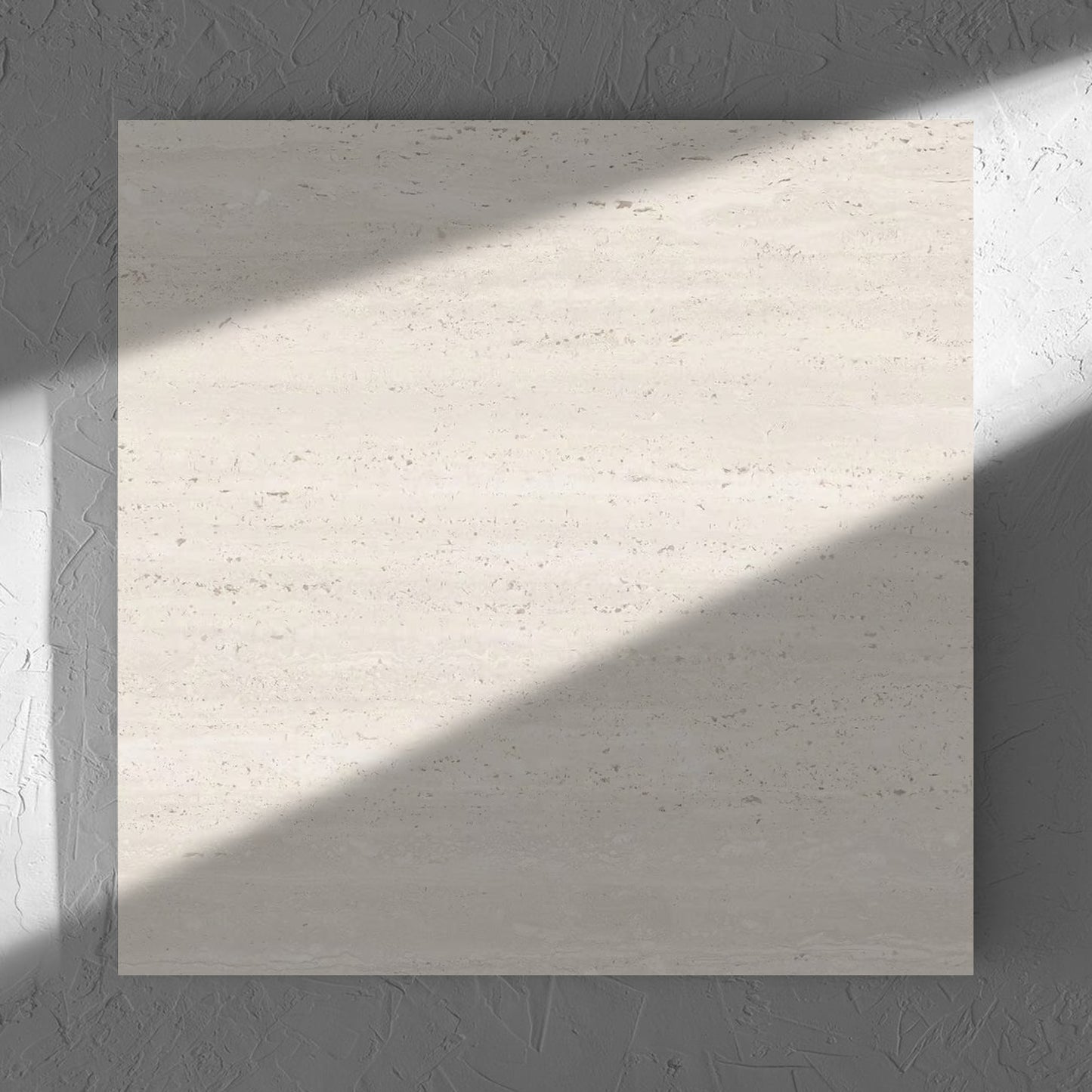 Tallow Vein Cut Travertine Look Ivory 600x600mm tile in soft natural window light, showing the beige matt surface