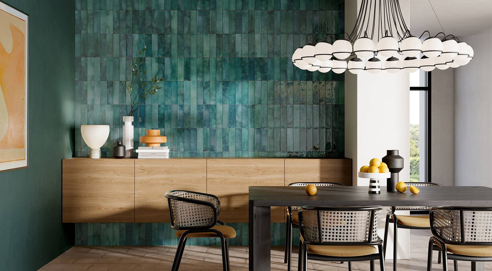 Mojave Sea Water Brick 60x250mm teal glazed tiles covering a full dining room feature wall behind a timber sideboard and rattan chairs beneath a globe pendant chandelier.