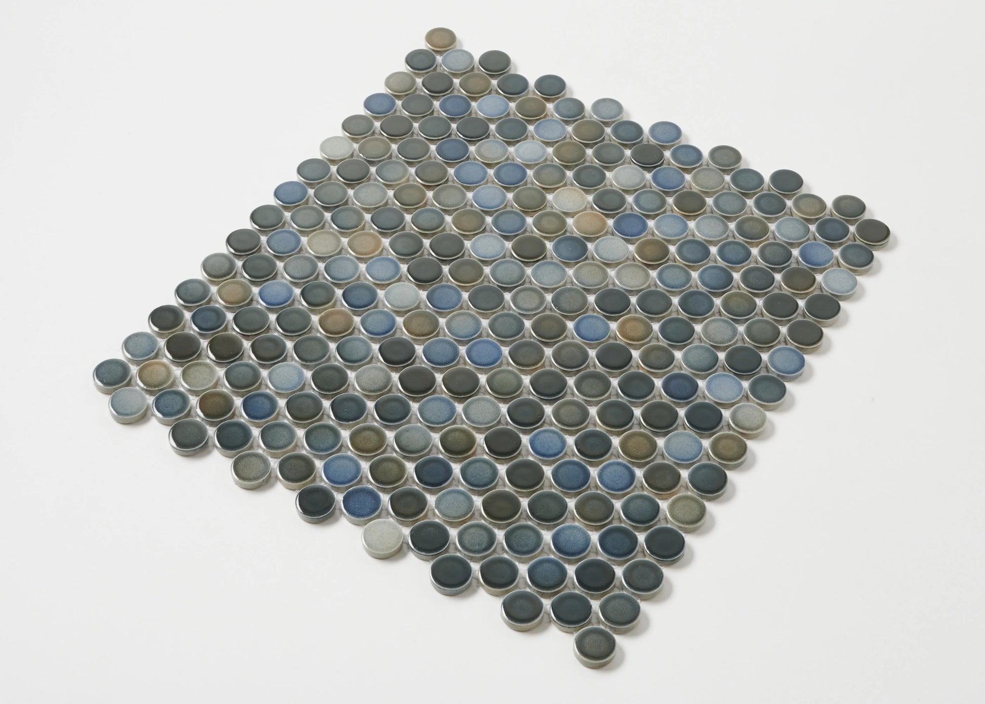 Pack shot of Mottled Mix Gloss Diameter Glazed Porcelain Penny Round 19mm tiles arranged in a diamond shape, showcasing mixed blue, grey, and taupe glazed circular mosaic pieces.