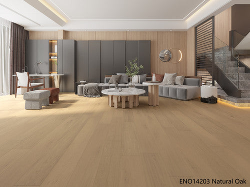 Natural Oak Classique Oak Flooring 14/2mm installed across a spacious open-plan living room featuring a grey sectional sofa, round marble coffee table, and staircase.