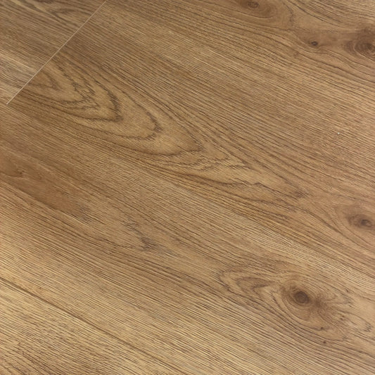 Close-up of Natural Oak Urban Laminate 12mm Flooring 12mm showing warm honey-toned wood grain, natural knots, and fine linear texture detail.