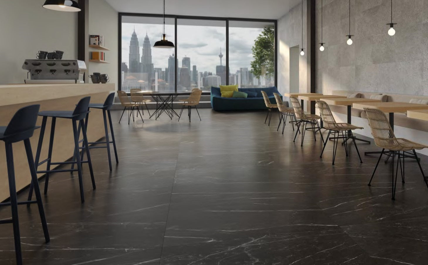Nero Marquina Polished Rectified 300x600mm tiles laid on a contemporary cafe floor with rattan chairs, wooden bar counter, and floor-to-ceiling city skyline windows.
