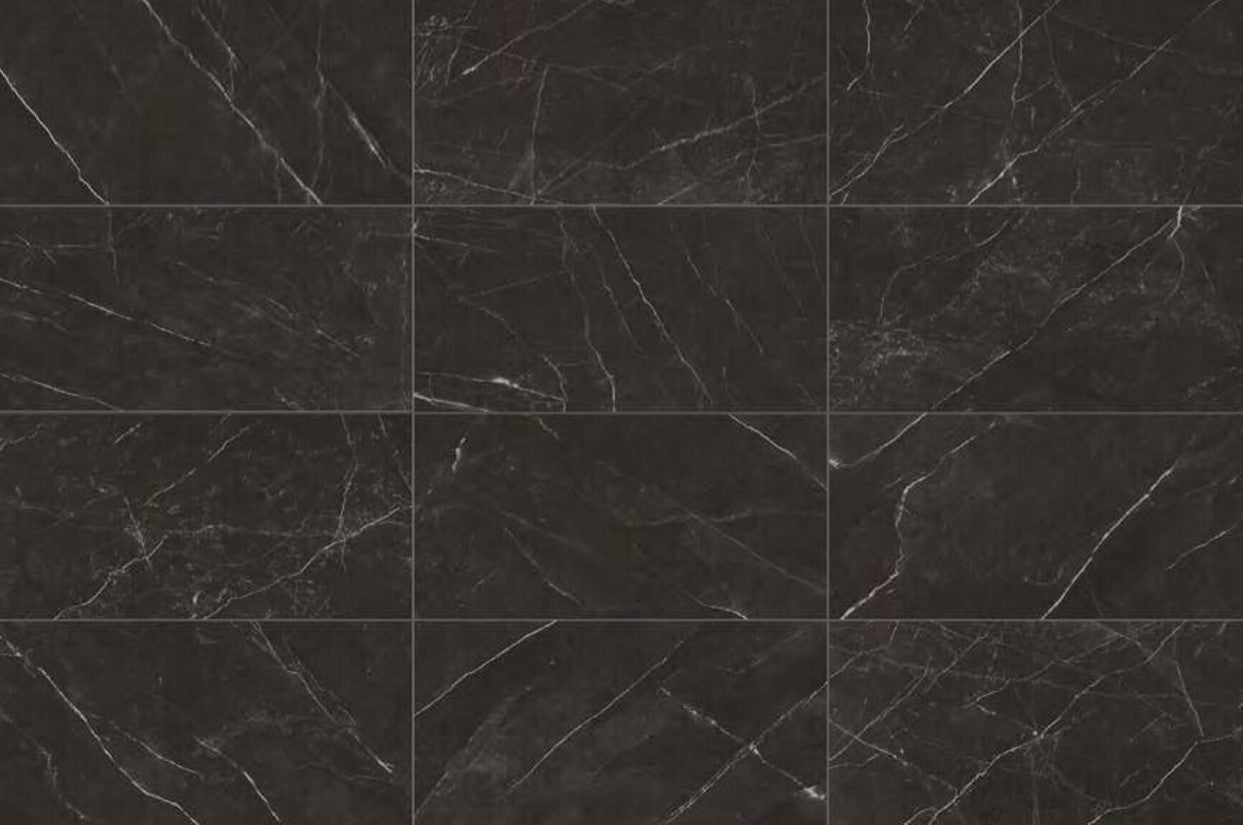 Nero Marquina Polished Rectified 300x600mm tiles arranged in a grid layout, showcasing dramatic black marble with white veining across twelve rectified tiles.