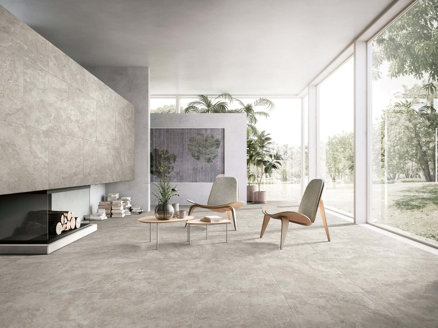 New Travertino Beige External Rectified 600X600mm tiles installed on a living room floor and fireplace wall, styled with modern chairs and floor-to-ceiling windows.