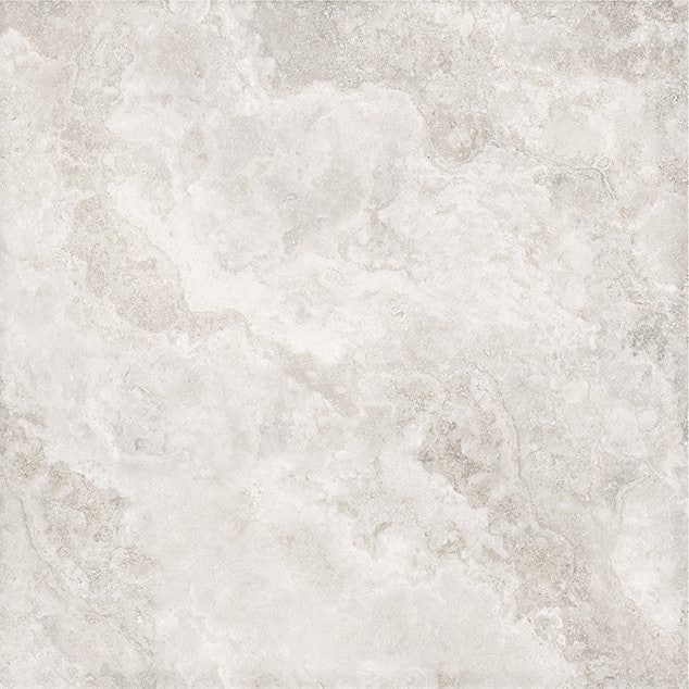 Close-up of New Travertino Ivory Matt Rect 600x600mm tile showing soft ivory tones with natural travertine-inspired cloudy veining and matte finish.