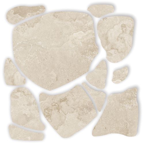 Norcia Beige Crazy Pave 10Mm 600x600mm tiles displayed as individual irregular stone-shaped pieces with a warm cream beige tone and natural travertine-style veining.