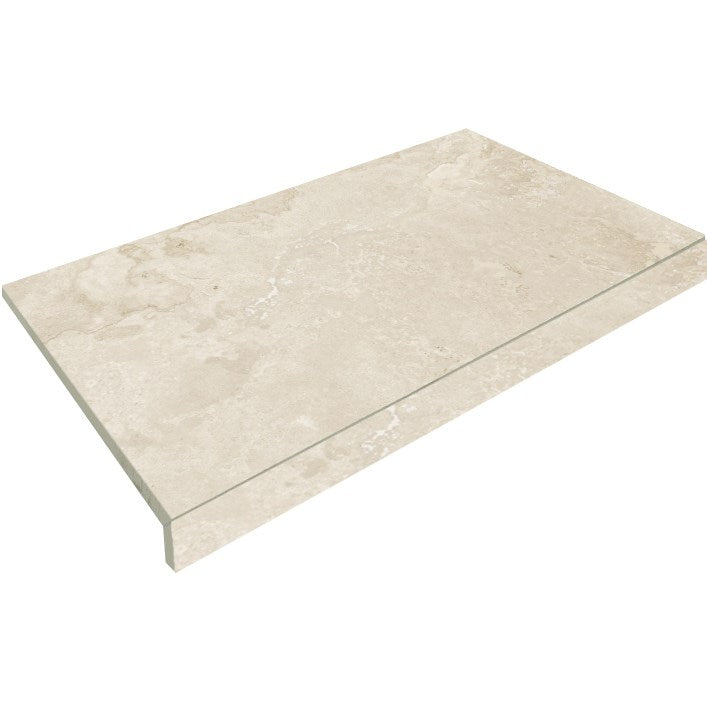 Norcia Beige Drop Face Coping 400x600mm tile shown as an isolated pack shot, featuring a warm cream stone-look finish with subtle veining and a stepped drop-face edge profile.