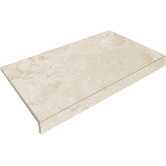 Norcia Beige Drop Face Coping 400x600mm tile shown as an isolated pack shot, featuring a warm cream stone-look finish with subtle veining and a stepped drop-face edge profile.