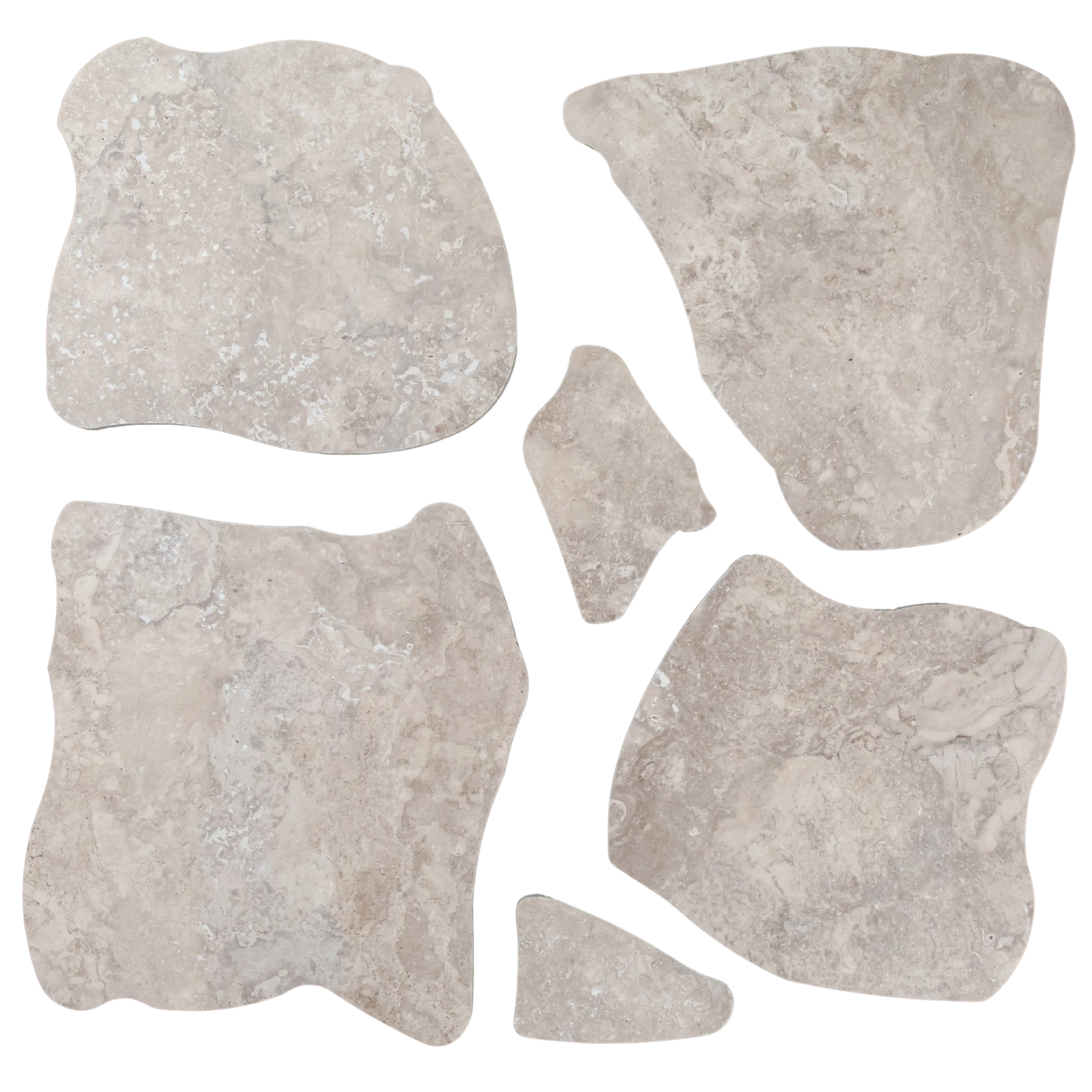 Norcia Grey Crazy Pave 600x600mm shown as individual irregular stone pieces with a natural matte finish in warm grey tones.