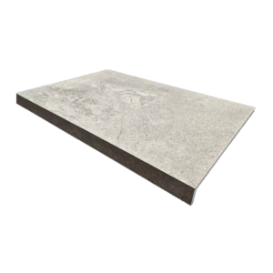 Norcia Grey Drop Face Coping 400x600mm shown in an angled pack shot, displaying its matte grey stone-look surface and bevelled drop-face edge profile.