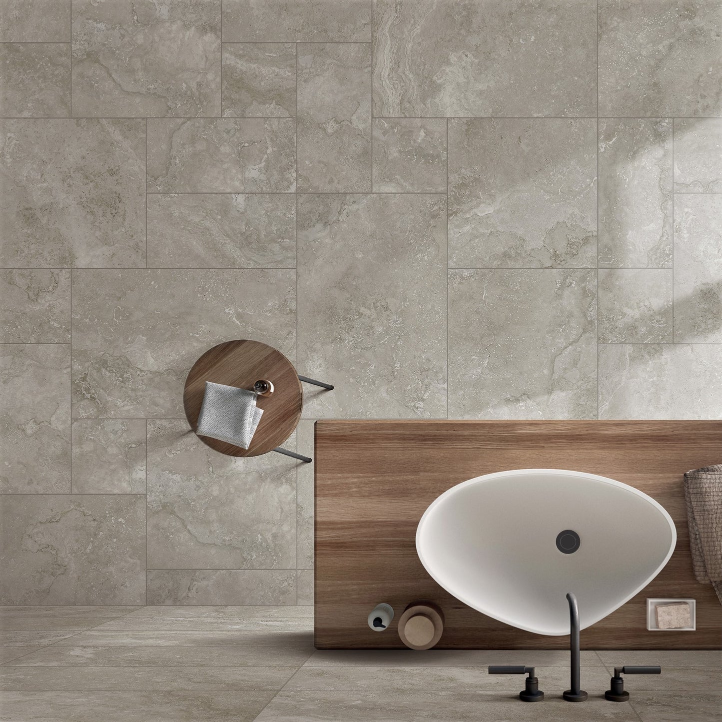 Norcia Grey French Pattern 400x600mm porcelain tiles covering a full bathroom wall behind a wooden vanity unit with an oval vessel sink and matte black faucets.