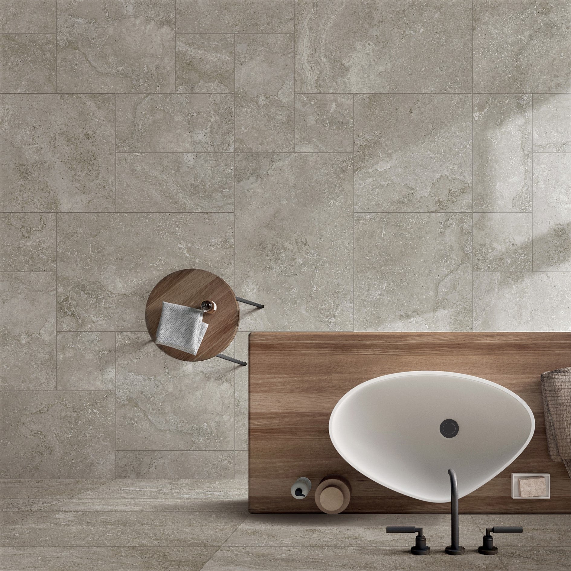Norcia Grey French Pattern 400x600mm porcelain tiles covering a full bathroom wall behind a wooden vanity unit with an oval vessel sink and matte black faucets.