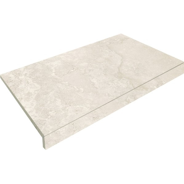 Norcia Light Drop Face Coping 400x600mm shown as an isolated pack shot, featuring a cream travertine-effect finish with a structured drop-face edge profile.