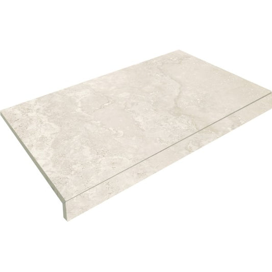 Norcia Light Drop Face Coping 400x600mm shown as an isolated pack shot, featuring a cream travertine-effect finish with a structured drop-face edge profile.