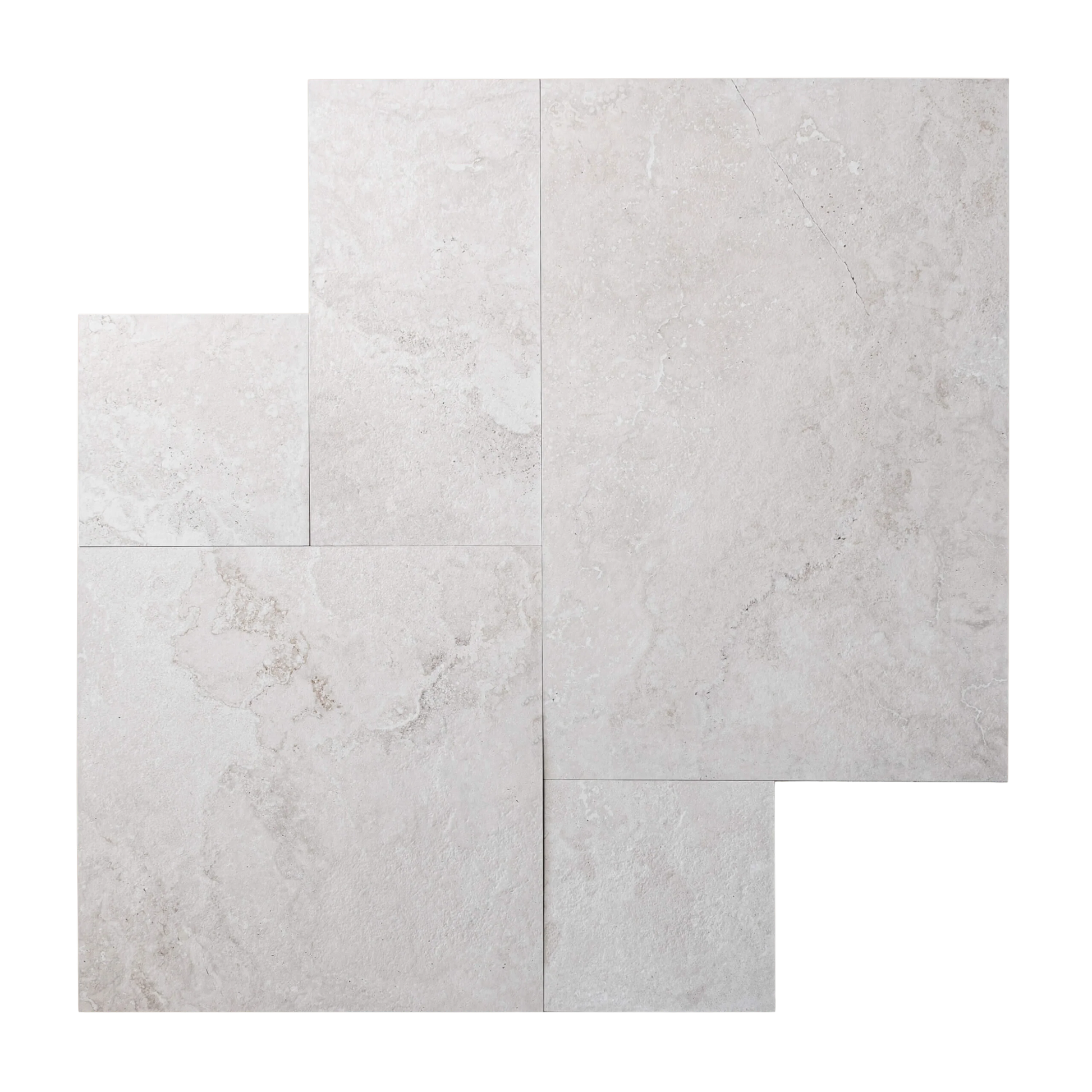 Norcia Light French Pattern 400x600mm tiles displayed in a fanned layout showing their honed white and warm grey marble-look finish.