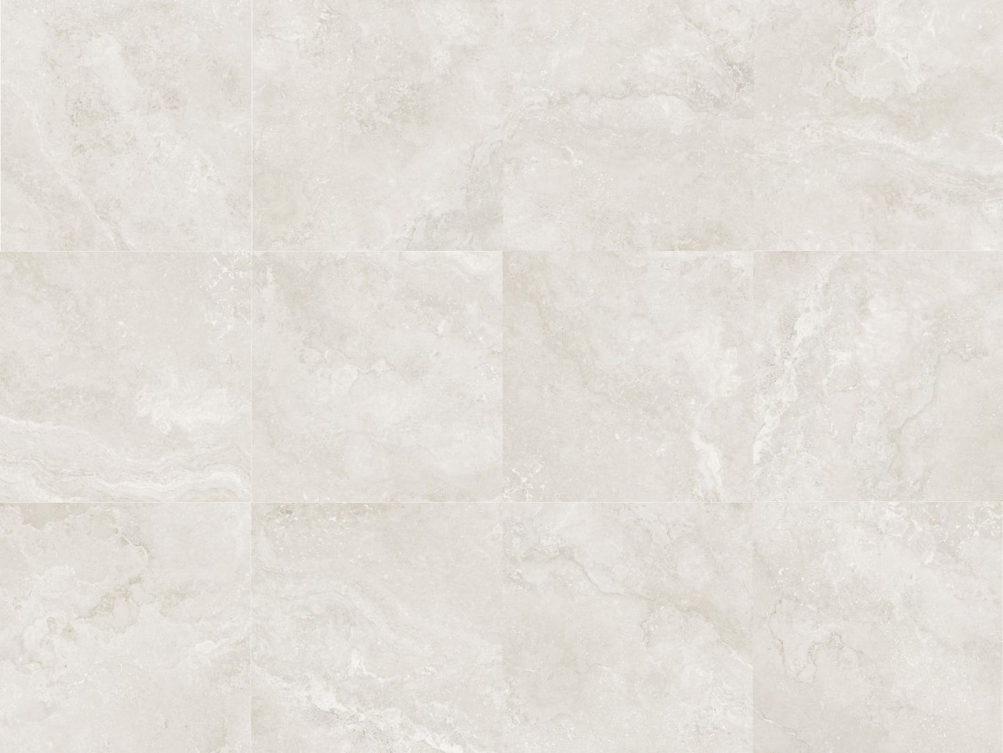 Norcia Light Travertine 600x600mm tiles arranged in a 3x3 grid layout showcasing soft white and warm grey natural travertine veining patterns.