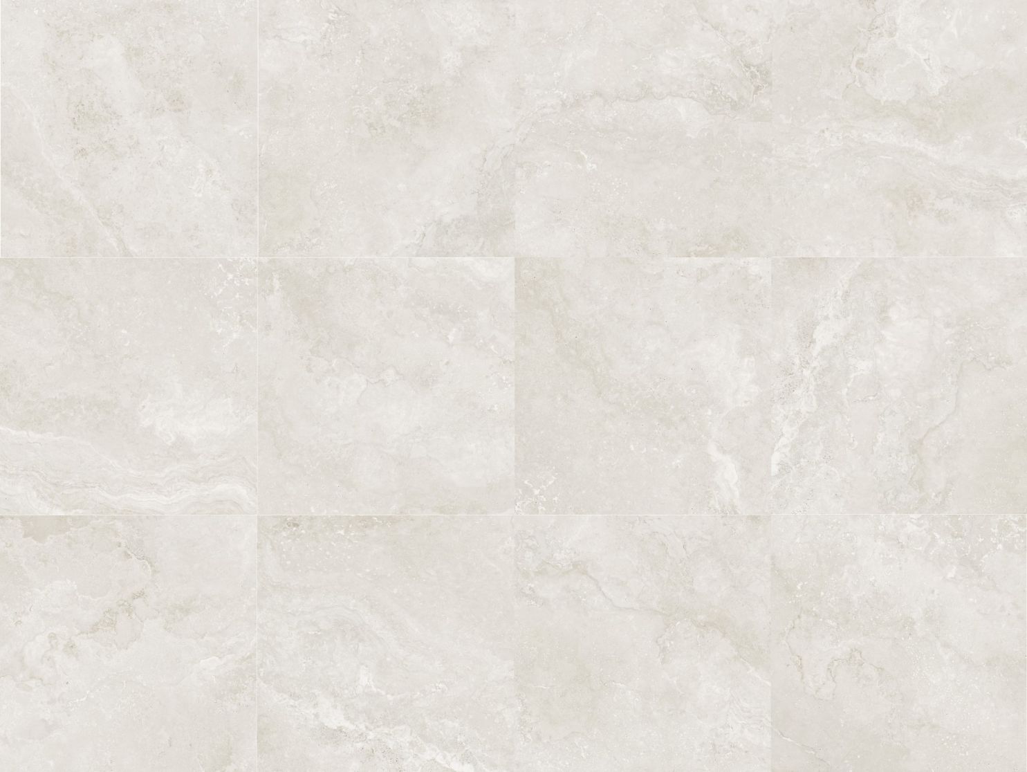 Norcia Light Travertine 600x600mm tiles arranged in a 3x3 grid layout showcasing soft white and warm grey natural travertine veining patterns.