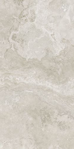 Close-up texture shot of Norcia Silver Travertine 600x600mm tile showing warm grey tones with natural swirling veining and a smooth polished finish.