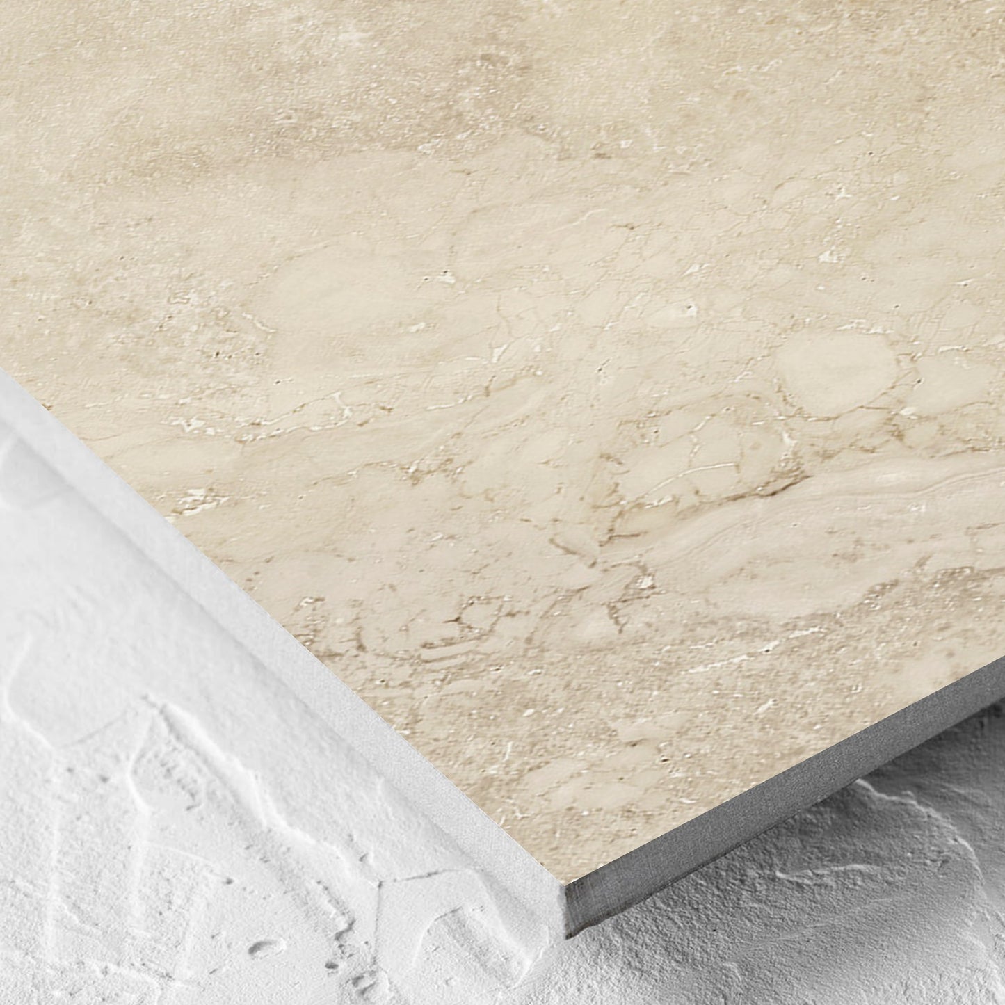 Corner close-up of the Norcia Travertine Beige 300x600mm tile showing the beige matt surface and the edge profile