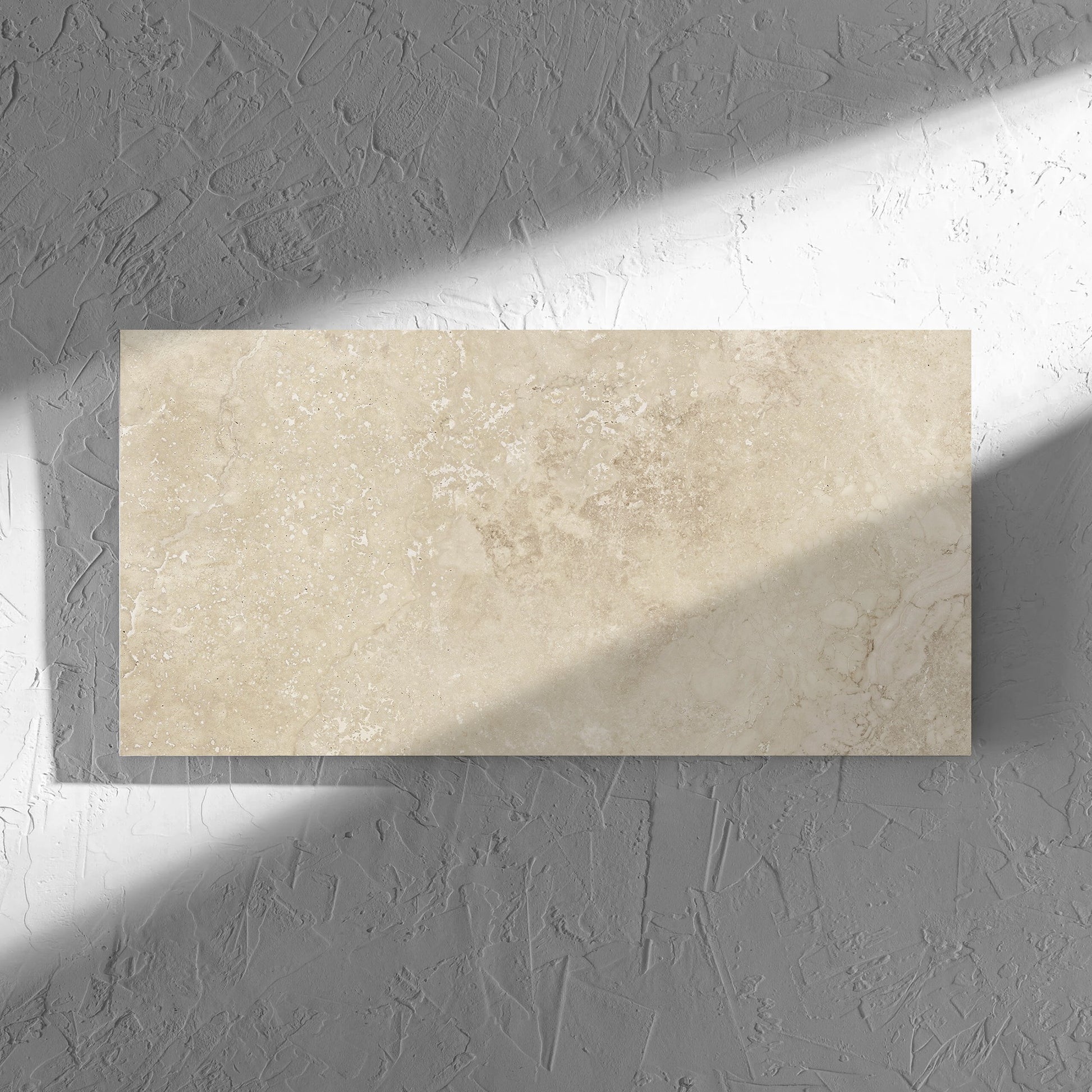 Norcia Travertine Beige 300x600mm tile in soft natural window light, showing the beige matt surface