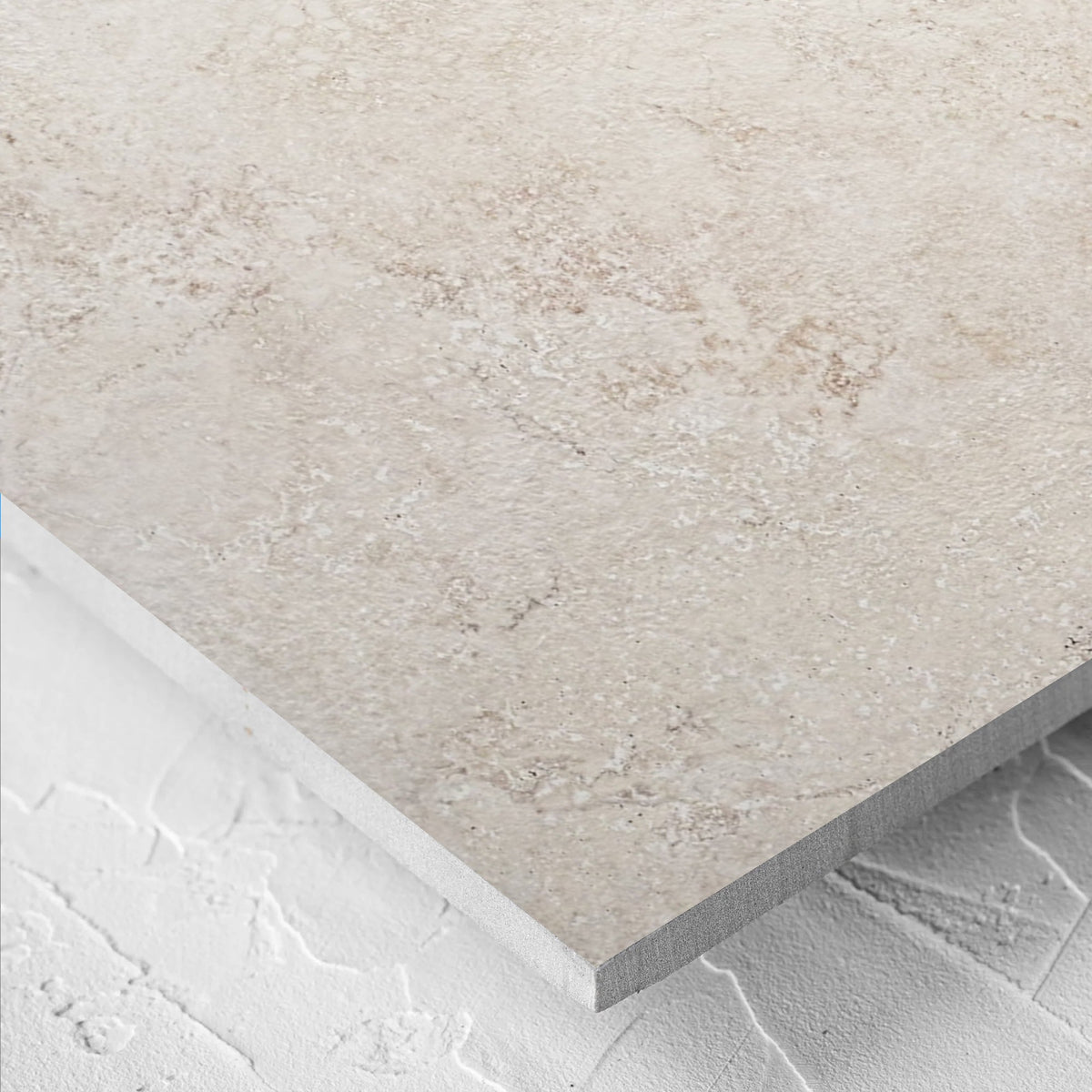 Close-up of the Norcia Travertine Beige 600x1200mm tile showing the beige travertine surface in detail