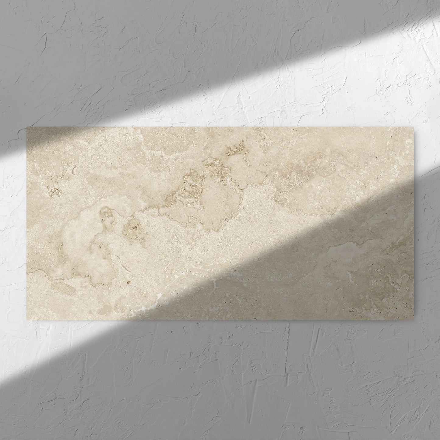 Norcia Travertine Beige Bamboo Feature 600x1200mm tile in soft natural window light, showing the tile surface