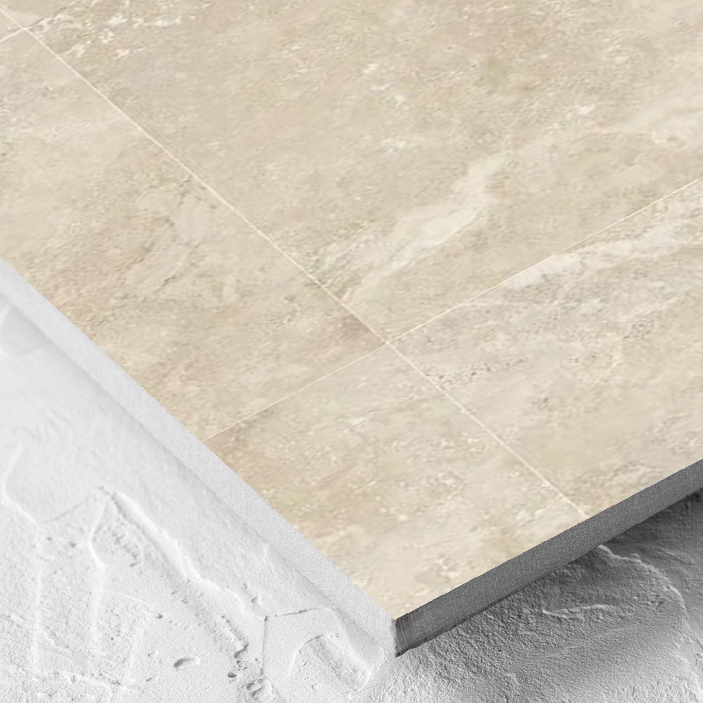 Corner close-up of the Norcia Travertine Beige Decor 300x600mm tile showing the tile surface and the edge profile