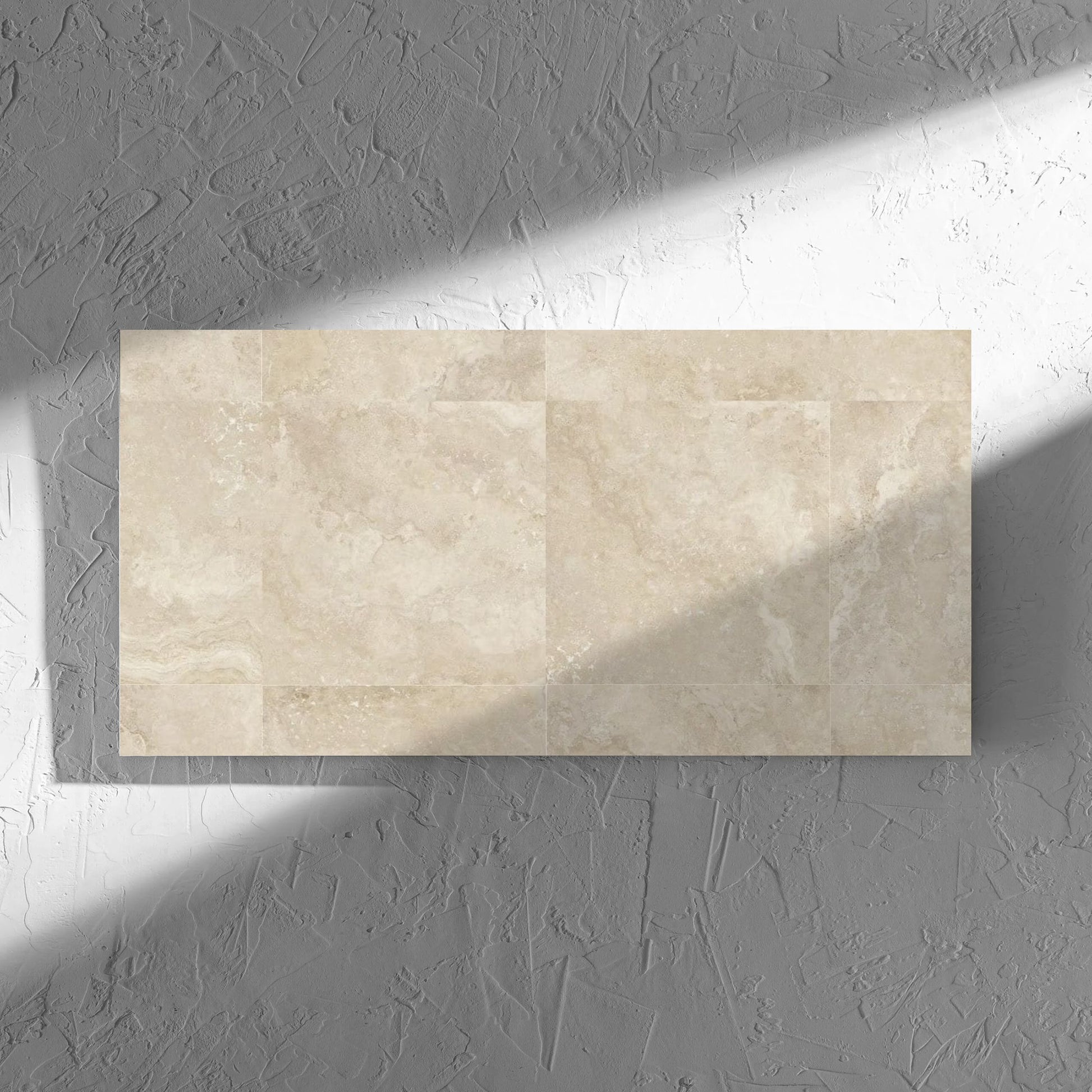 Norcia Travertine Beige Decor 300x600mm tile in soft natural window light, showing the tile surface