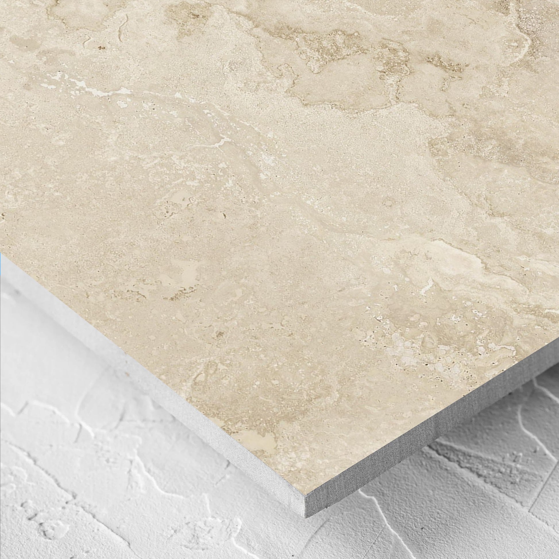 Close-up of the Norcia Travertine Beige Honed 600x1200mm tile showing the tile surface in detail