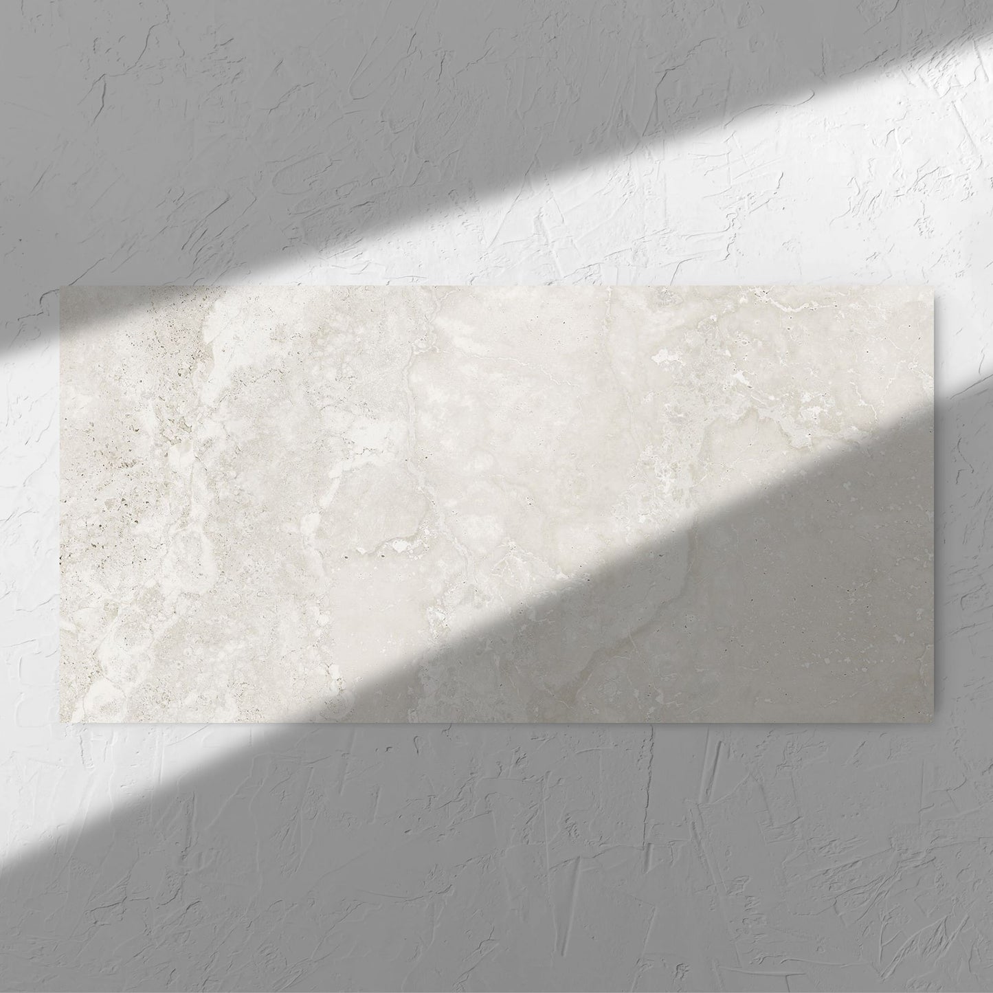 Norcia Travertine Light Bamboo Feature 600x1200mm tile in soft natural window light, showing the tile surface